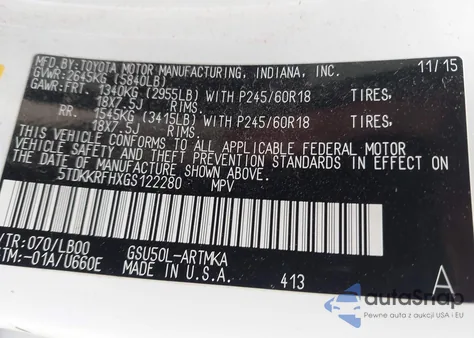 2016 Toyota Highlander Xle V6 from USA, damaged, VIN 5TDKKRFHXGS122280